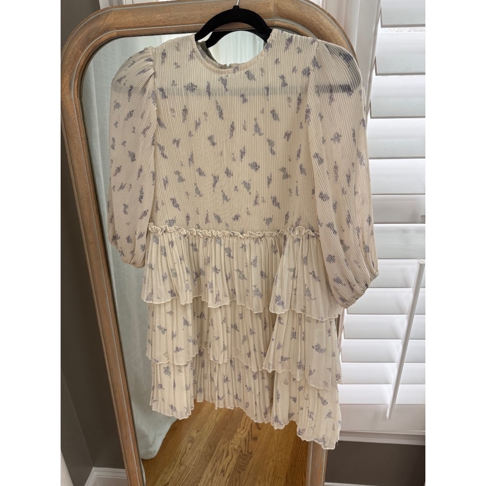 GANNI Cream Tiered Ruffle Floral Print Plisse Georgette Mini Dress